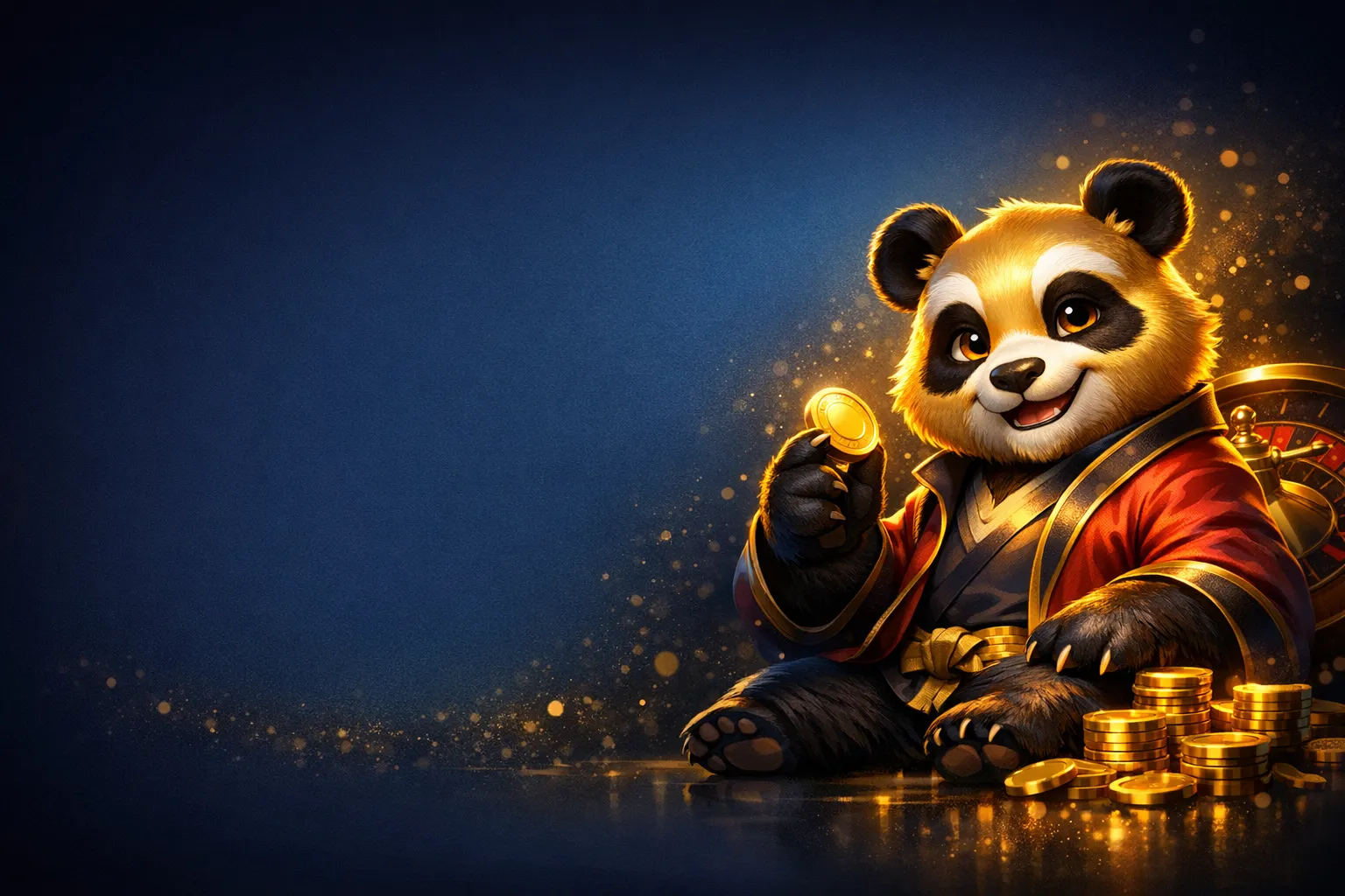 Stylized 3D golden panda mascot with glowing amber rim light on deep black background, premium casino hero image