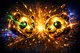 Floating golden panda mascot suspended mid-air with glowing particles, neon-cyberpunk style on dark background with gold acce