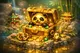 A glowing golden panda mascot levitating mid-air surrounded by shimmering particles and soft bamboo light in neon cyberpunk s