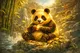 Golden panda mascot floating mid-air surrounded by glowing golden particles and bamboo, neon-lit cyberpunk casino card image